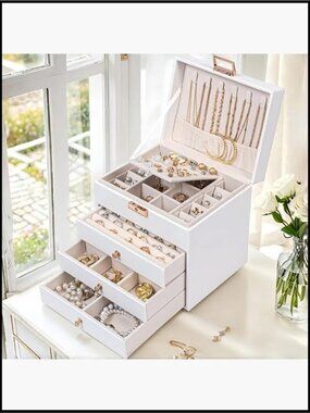 Vintage Style Jewelry Box with Lock 4-Tier 3-Drawer Organizer Large Capacity